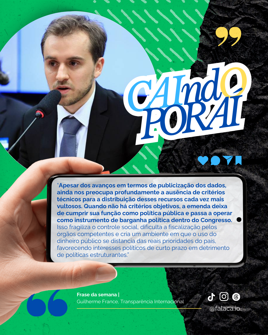 Para a Transparência Internacional, a falta de critérios técnicos nas emendas fragiliza o controle social e reforça o uso do Orçamento como instrumento de barganha política. (Fonte: Fala Caio)