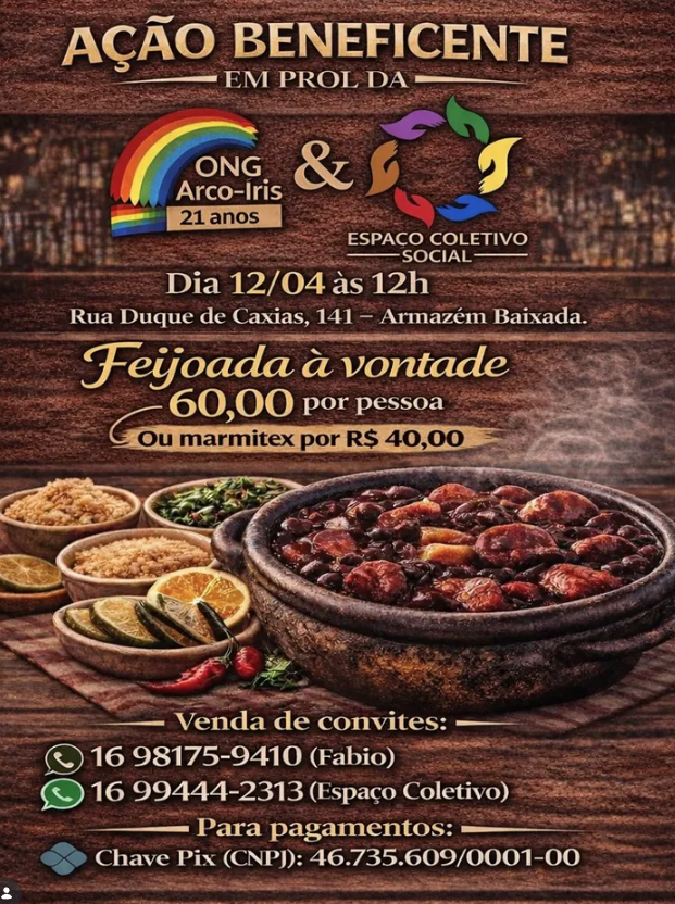 Ação beneficente promove feijoada solidária em apoio à ONG Arco-Íris RP e ao Espaço Coletivo Social em Ribeirão Preto