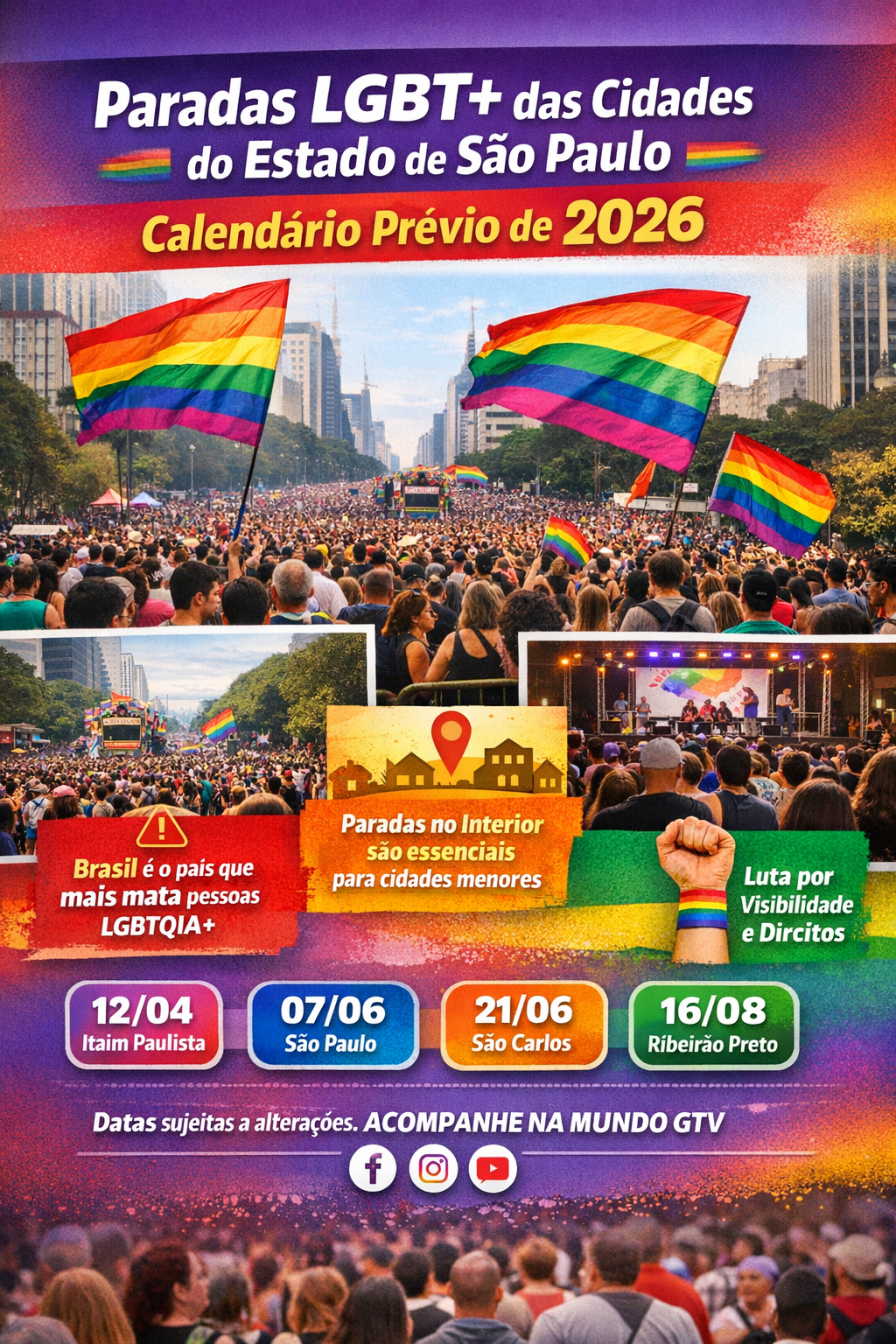 Paradas LGBT+ das cidades do estado de São Paulo: prévia do calendário 2026 reúne eventos de abril a dezembro