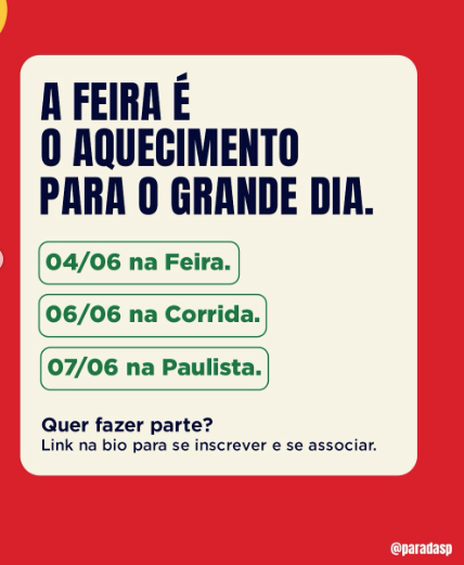 #PraTodosVerem: Carrossel com fundo nas cores da Parada SP. Os cards divulgam as inscrições para expositores da 25ª Feira Cultural da Diversidade LGBT+, com informações sobre datas, processo de seleção e contato.