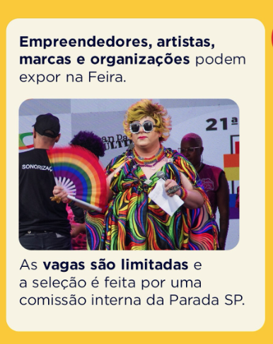 #PraTodosVerem: Carrossel com fundo nas cores da Parada SP. Os cards divulgam as inscrições para expositores da 25ª Feira Cultural da Diversidade LGBT+, com informações sobre datas, processo de seleção e contato.